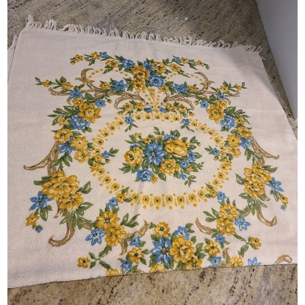 2 Vintage TASTEMAKER Bath Towel MCM Yellow Blue Floral Scroll Fringe Edge 43